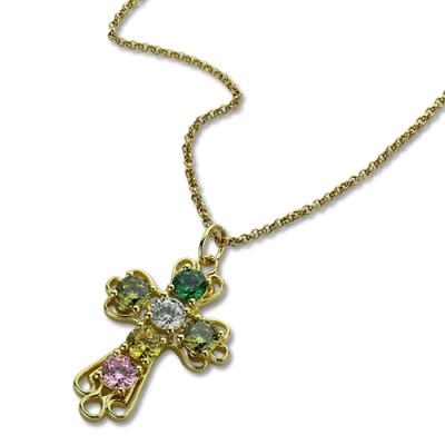 Personalized Cross necklace with Birthstones Gold Plated Silver - Handmade By AOL Special