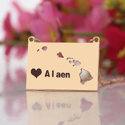 Custom Hawaii State Shaped Necklaces With Heart Name Rose Gold - Handmade By AOL Special