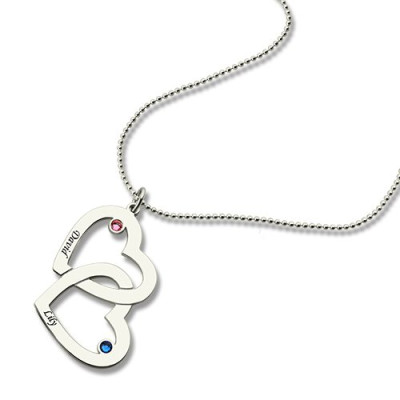 Double Heart Necklace with Name Birthstones Sterling Silver - Handmade By AOL Special