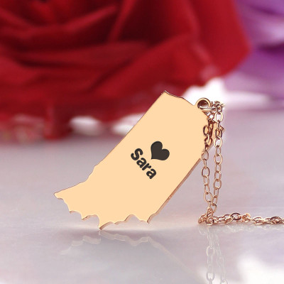 Custom Indiana State Shaped Necklaces With Heart Name Rose Gold - Handmade By AOL Special