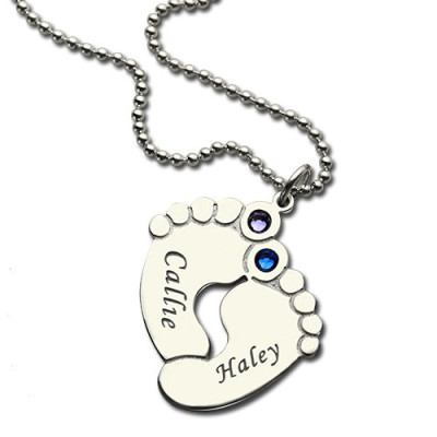 Personalzied Baby Feet Name Necklace with Birthstone Silver - Handmade By AOL Special