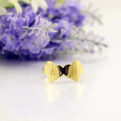 Custom Double Heart Ring Engraved Letter 18ct Gold Plated - Handmade By AOL Special