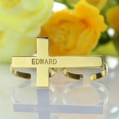 Engraved Name Two finger Cross Ring 18ct Gold Plated - Handmade By AOL Special