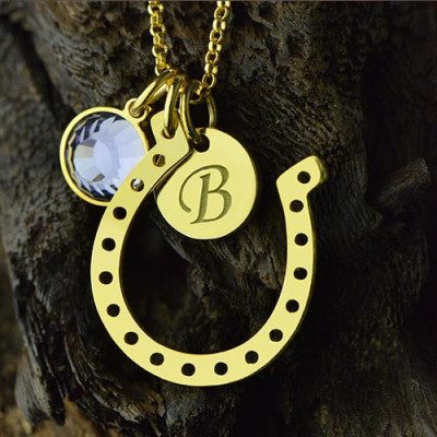 Birthstone Horseshoe Lucky Necklace with Initial Charm 18ct Gold Plate - Handmade By AOL Special