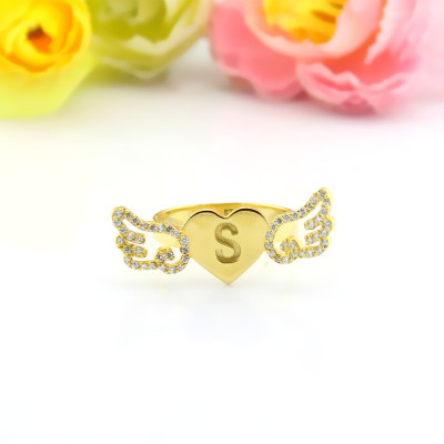 Angel Wings Heart Ring with Birthstone Initial 18ct Gold Plated - Handmade By AOL Special
