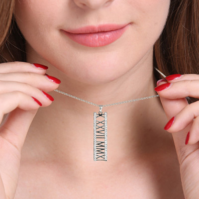 Roman Numeral Vertical Necklace With Birthstones Sterling Silver - Handmade By AOL Special