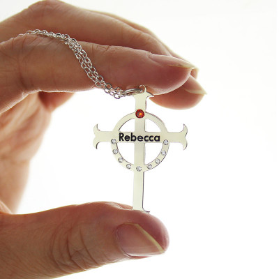 Personalized Circle Cross Necklaces with Birthstone Name Silver - Handmade By AOL Special