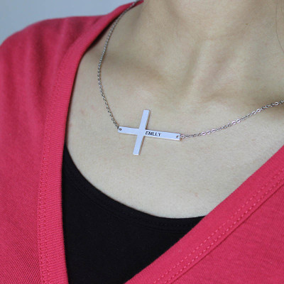 Engraved Silver Latin Cross Name Necklace 1.6" - Handmade By AOL Special