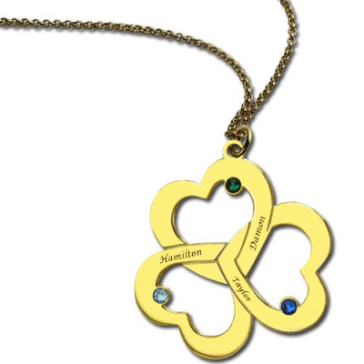 Birthstone Triple Heart Necklace Engraved Name in 18ct Gold Plated - Handmade By AOL Special