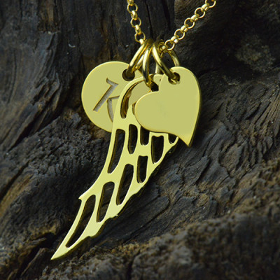 Good Luck Angel Wing Necklace with Initial Charm 18ct Gold Plated - Handmade By AOL Special