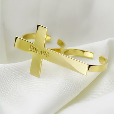 Engraved Name Two finger Cross Ring 18ct Gold Plated - Handmade By AOL Special