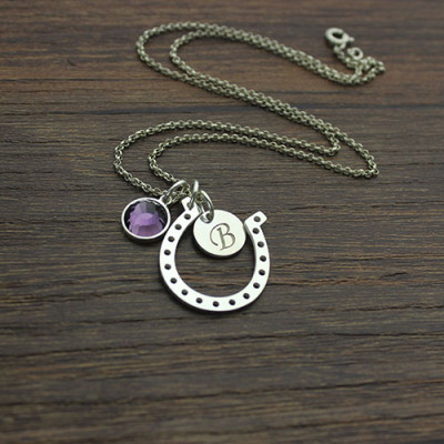 Horseshoe Good Luck Necklace with Initial Birthstone Charm - Handmade By AOL Special