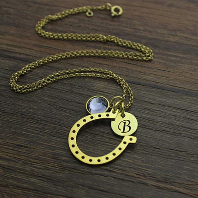 Birthstone Horseshoe Lucky Necklace with Initial Charm 18ct Gold Plate - Handmade By AOL Special