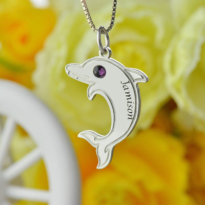 Dolphin Necklace with Birthstone Name Sterling Silver - Handmade By AOL Special