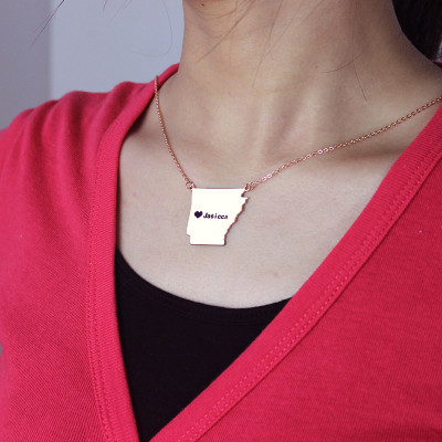Custom AR State USA Map Necklace With Heart Name Rose Gold - Handmade By AOL Special