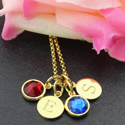 Custom Double Discs Initial Necklace with Birthstones In Gold - Handmade By AOL Special