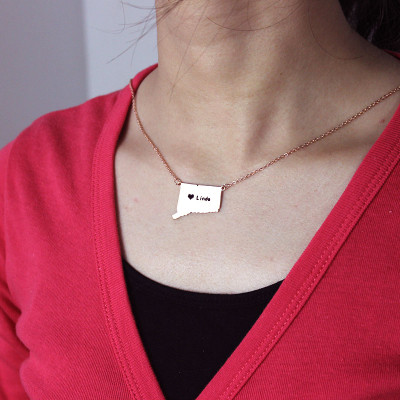Connecticut Connecticut State Shaped Necklaces With Heart Name Rose Gold - Handmade By AOL Special