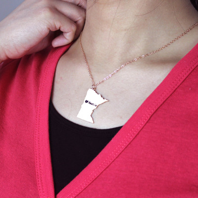 Custom Minnesota State Shaped Necklaces With Heart Name Rose Gold - Handmade By AOL Special