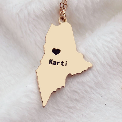 Custom Maine State Shaped Necklaces With Heart Name Rose Gold - Handmade By AOL Special
