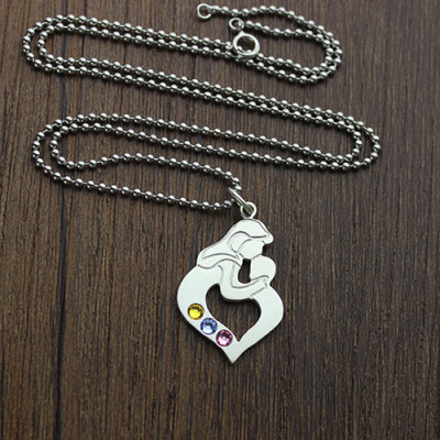 Personalized Mother Child Necklace with Birthstone Silver - Handmade By AOL Special