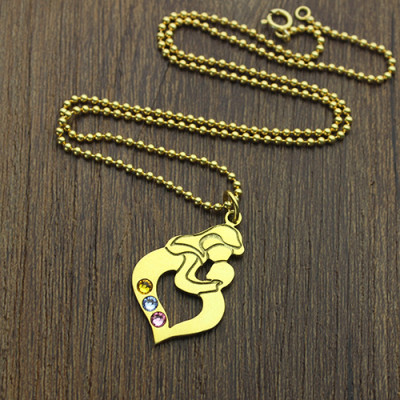 Personalized Mother Child Necklace with Birthstone Gold Plated Silver - Handmade By AOL Special