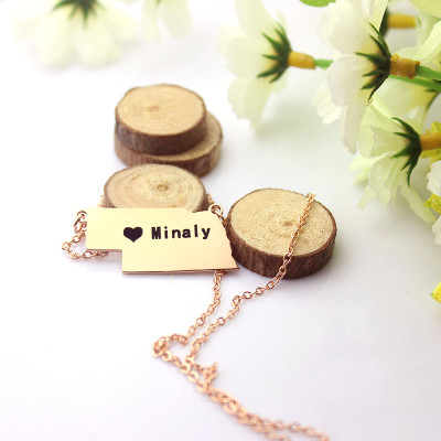 Custom Nebraska State Shaped Necklaces With Heart Name Rose Gold - Handmade By AOL Special