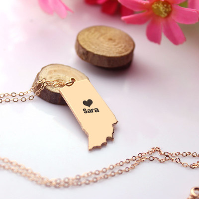 Custom Indiana State Shaped Necklaces With Heart Name Rose Gold - Handmade By AOL Special