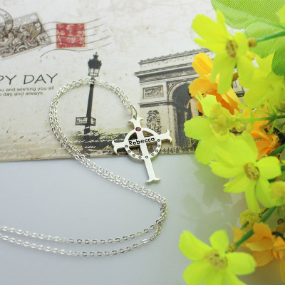 Personalized Circle Cross Necklaces with Birthstone Name Silver - Handmade By AOL Special