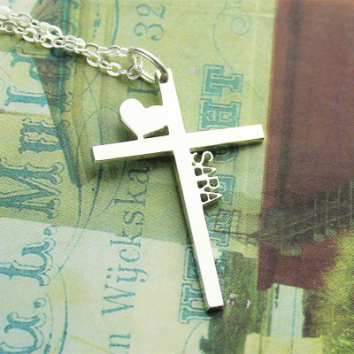 Personalized Silver Cross Name Necklace with Heart - Handmade By AOL Special