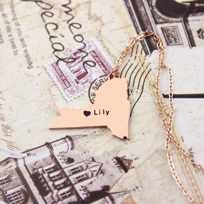 Personalized NY State Shaped Necklaces With Heart Name Rose Gold - Handmade By AOL Special