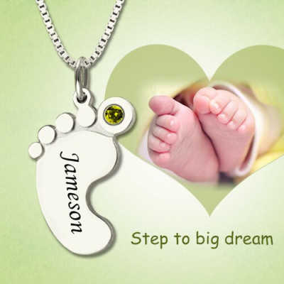 Personalized Mothers Baby Feet Necklace with birthstone Name - Handmade By AOL Special