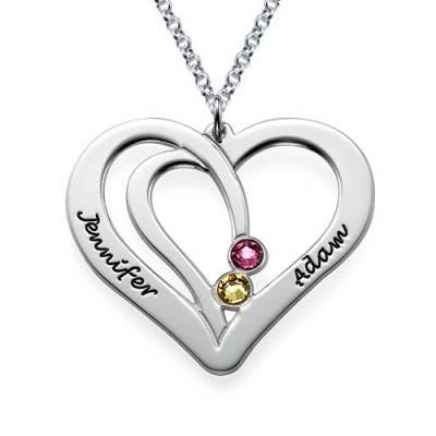 Engraved Couples Birthstone Necklace in Silver - Handmade By AOL Special
