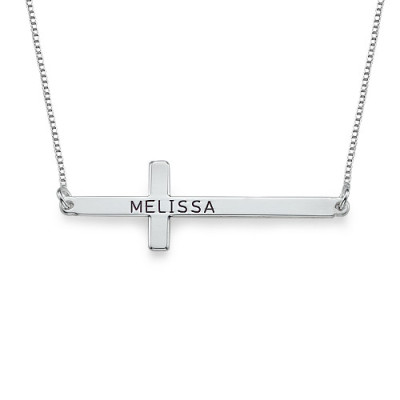 Engraved Silver Sideways Cross Necklace - Handmade By AOL Special