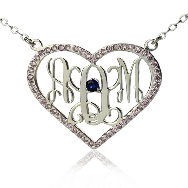 Sterling Silver Heart Birthstone Monogram Necklace - Handmade By AOL Special