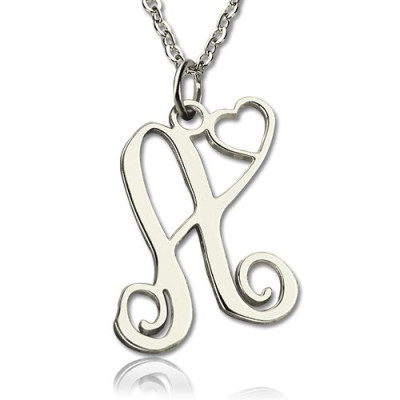 One Initial Monogram With Heart Necklace Silver - Handmade By AOL Special