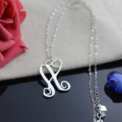 One Initial Monogram With Heart Necklace Silver - Handmade By AOL Special