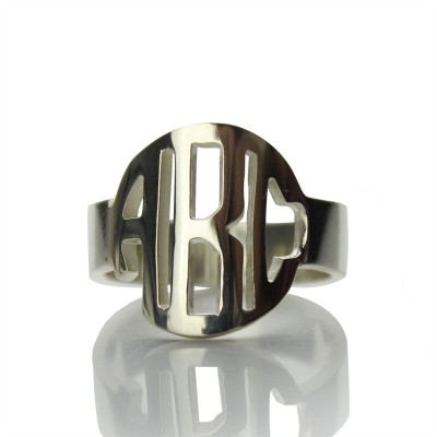 Circle Block Monogram 3 Initials Ring Solid White Gold Ring - Handmade By AOL Special