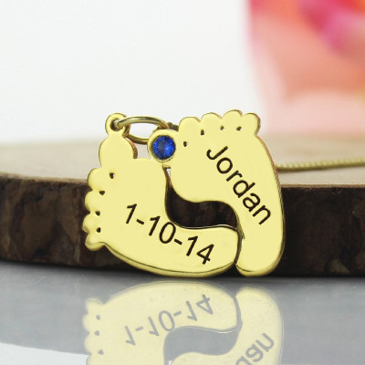 Birthstone Memory Baby Feet Charms with Date Name 18ct Gold Plated - Handmade By AOL Special