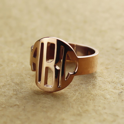 Personalized Circle Block Monogram 3 Initials Ring Solid Rose Gold Ring - Handmade By AOL Special