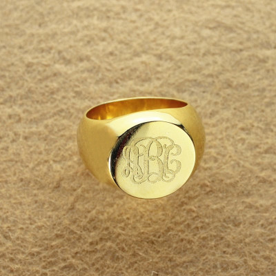 Engraved Circle Monogram Signet Ring 18ct Gold Plated - Handmade By AOL Special