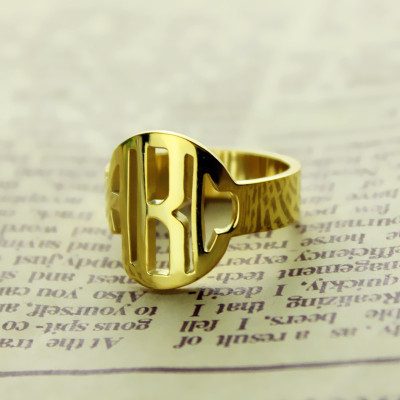 Personalized Circle Block Monogram 3 Initials Ring Solid Gold Ring - Handmade By AOL Special