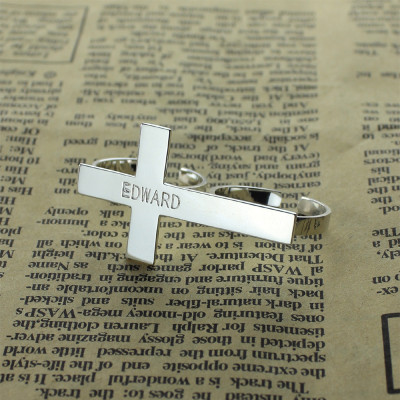 Custom Two finger Cross Ring Engraved Name Sterling Silver - Handmade By AOL Special