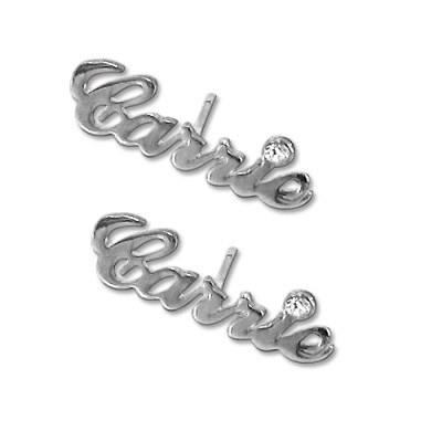 Sterling Silver Name Stud Earring with Crystal (PAIR) - Handmade By AOL Special