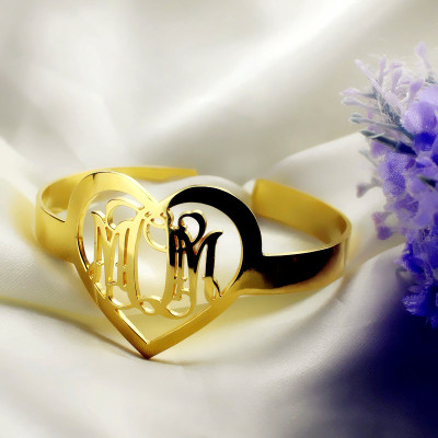 Personal Gold Plated Silver 3 Initials Monogram Bracelets With Heart - Handmade By AOL Special