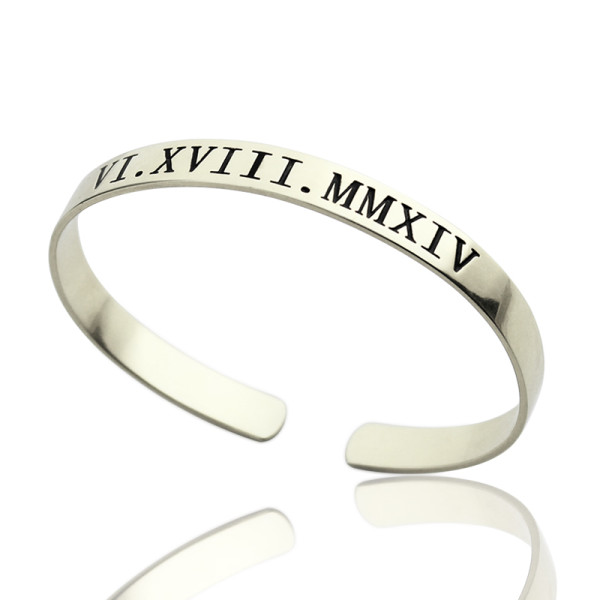Personalized Roman Numeral Date Cuff Bracelet Sterling Silver - Handmade By AOL Special