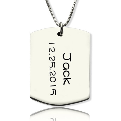 Personalized ID Dog Tag Bar Pendant with Name and Birth Date Silver - Handmade By AOL Special