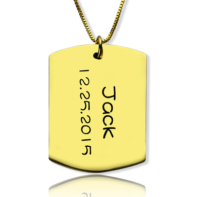 ID Dog Tag Bar Pendant with Name and Birth Date Gold Plated Silver - Handmade By AOL Special