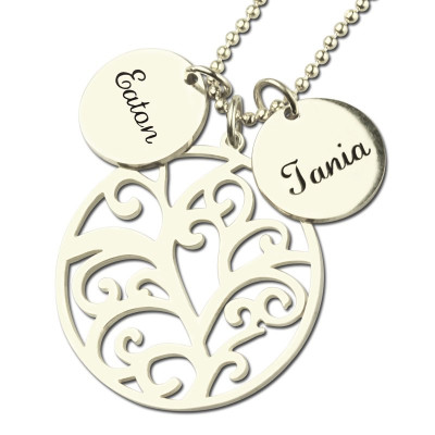 Family Tree Necklace with Custom Name Charm Silver - Handmade By AOL Special