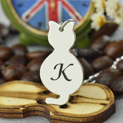 Personalized Tiny Cat Initial Pendant Necklace Silver - Handmade By AOL Special