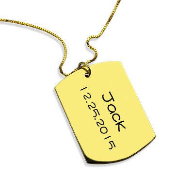 ID Dog Tag Bar Pendant with Name and Birth Date Gold Plated Silver - Handmade By AOL Special